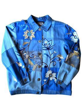 Indigo Moon Blue Embroidered Jacket Fully Lined Button Front Made in India Large